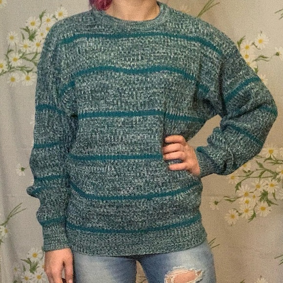 Vintage Sweaters - Vintage 80s emerald teal green stripe oversized chunky knit grandpa sweater